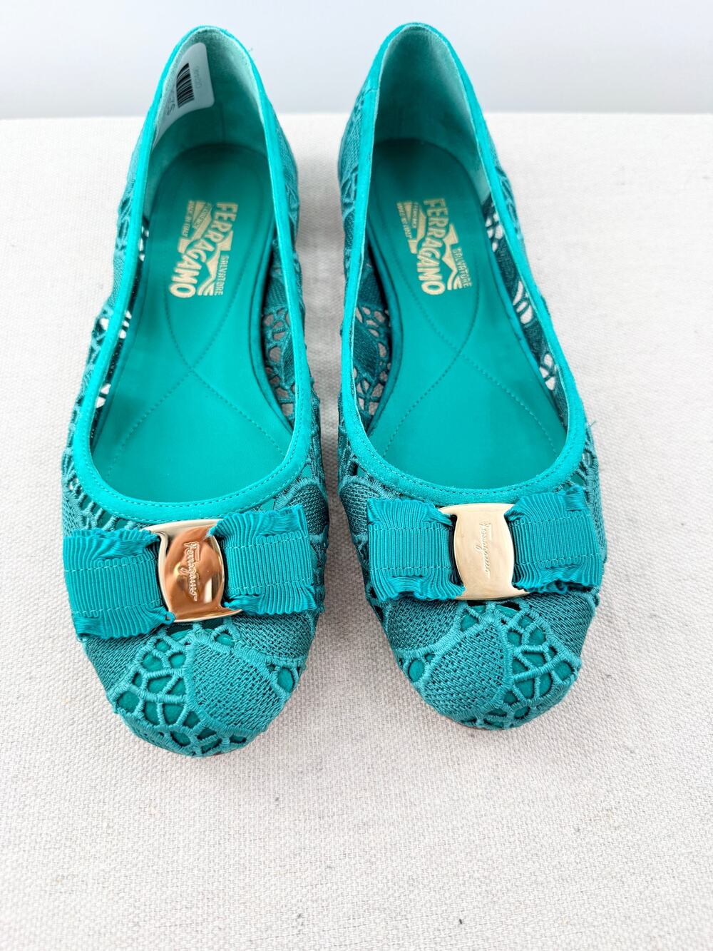 Salvatore Ferragamo Varina Lace Slip On Round Toe Ballet Flat Turquoise Women 40